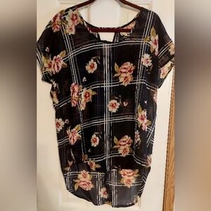 Truth NYC brand women's sheer cap sleeve navy blue floral high-low top size L